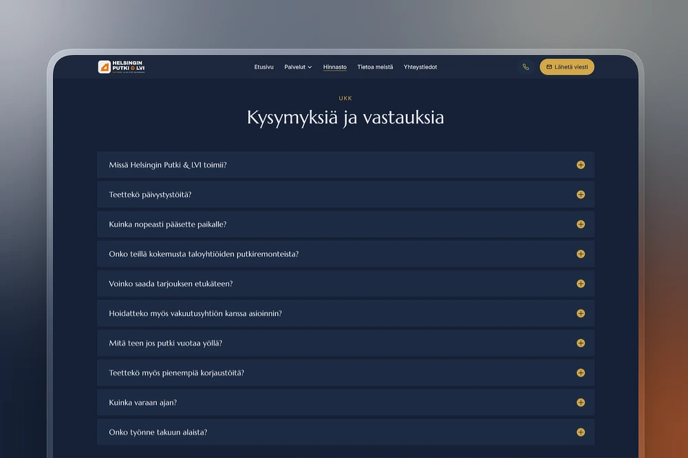 Usein kysytyt kysymykset putkimiehen kotisivuilla