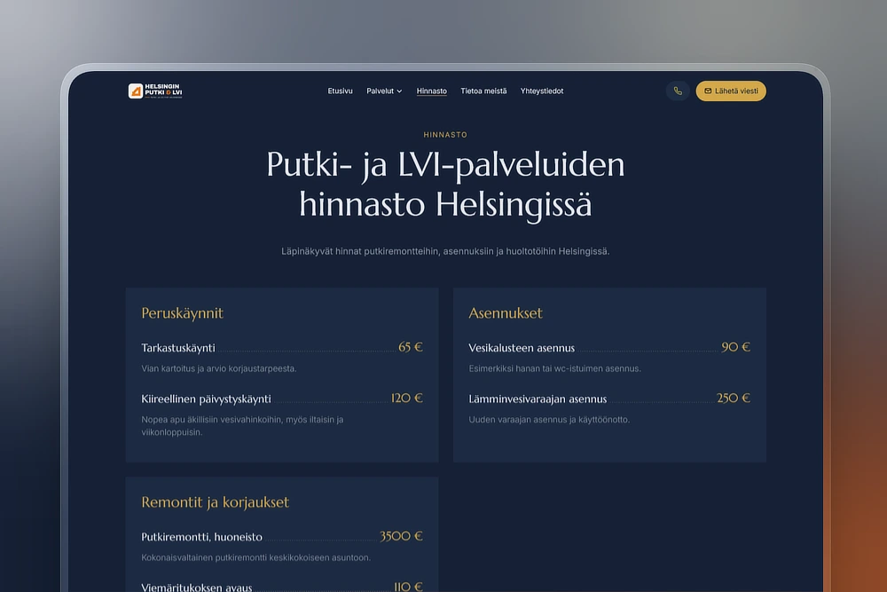 Putkimiehen hinnasto kotisivuilla