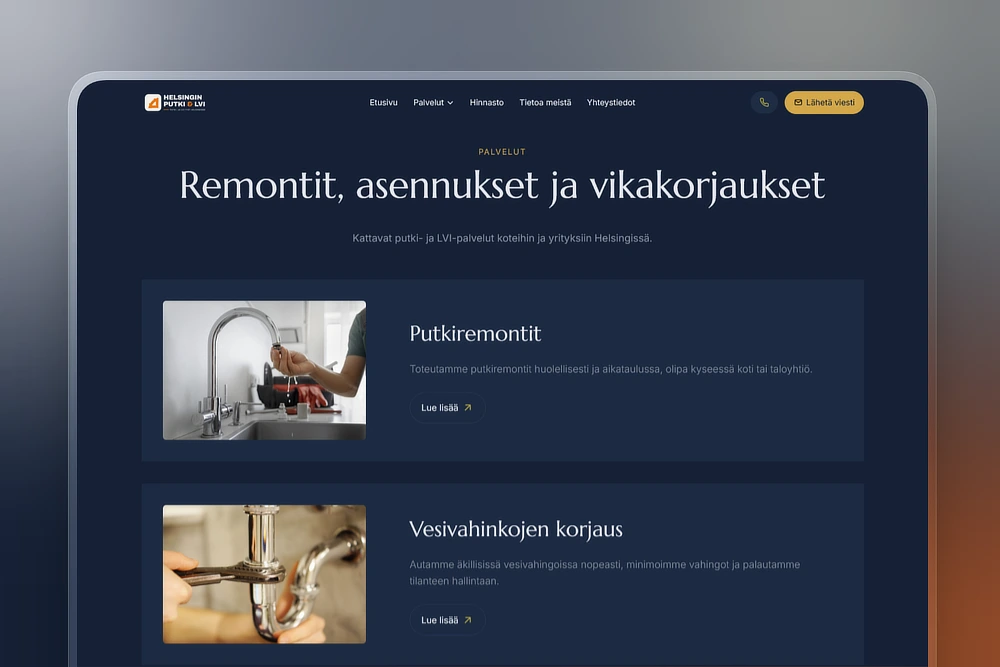 Putkimiehen palveluvalikoima kotisivuilla