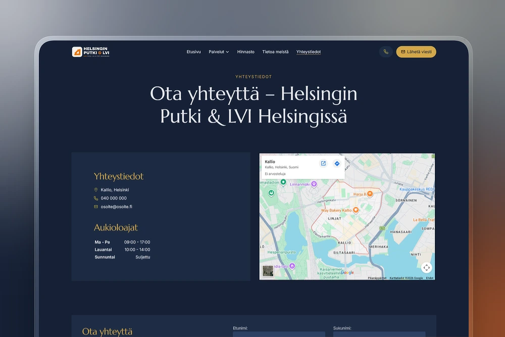 Yhteystiedot ja kartta putkimiehen kotisivuilla