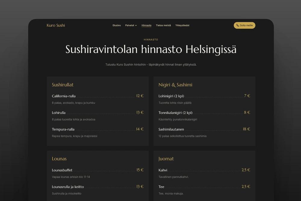 Ravintolan ruokalista kotisivuilla