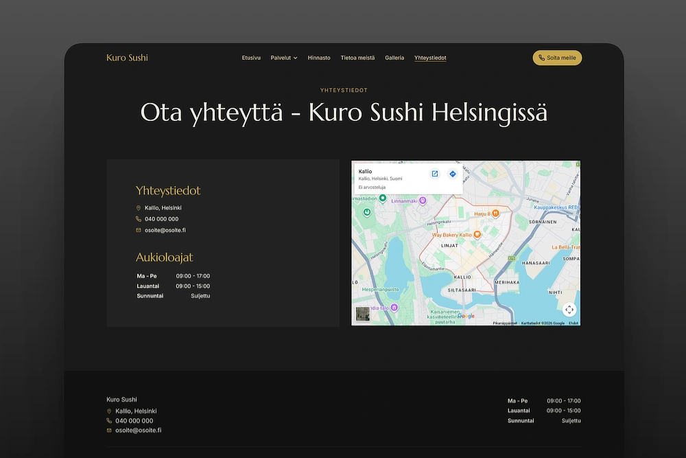 Yhteystiedot ja kartta ravintolan kotisivuilla