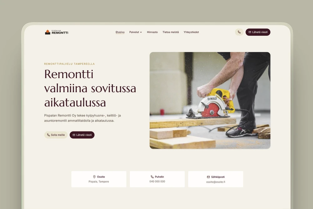 Remonttiyrityksen kotisivujen etusivu