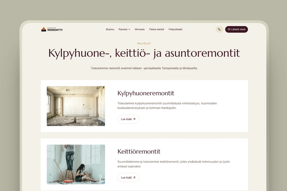 Remonttiyrityksen palveluvalikoima kotisivuilla