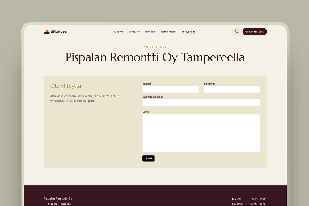 Tarjouspyyntölomake remonttiyrityksen kotisivuilla