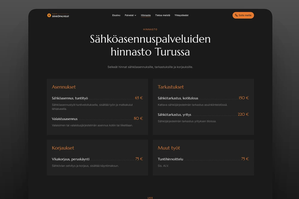 Sähköasentajan hinnasto kotisivuilla
