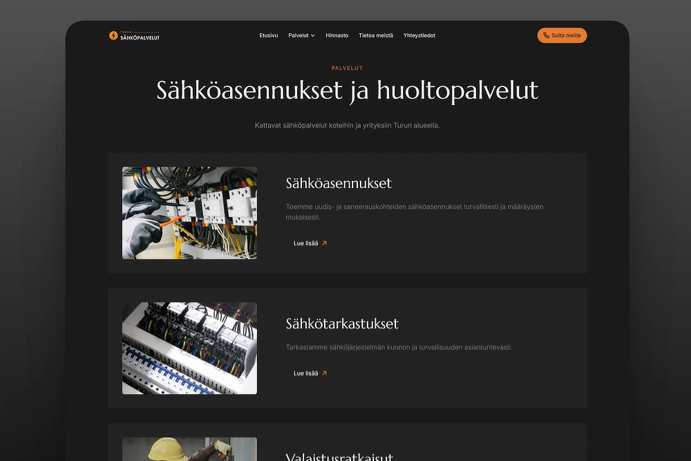 Sähköasentajan palveluvalikoima kotisivuilla