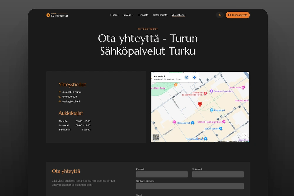 Yhteystiedot ja kartta sähköasentajan kotisivuilla