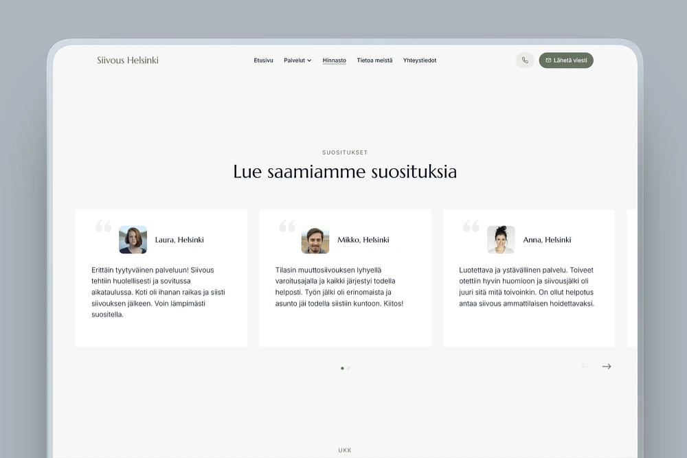 Asiakaspalautteet siivousyrityksen kotisivuilla