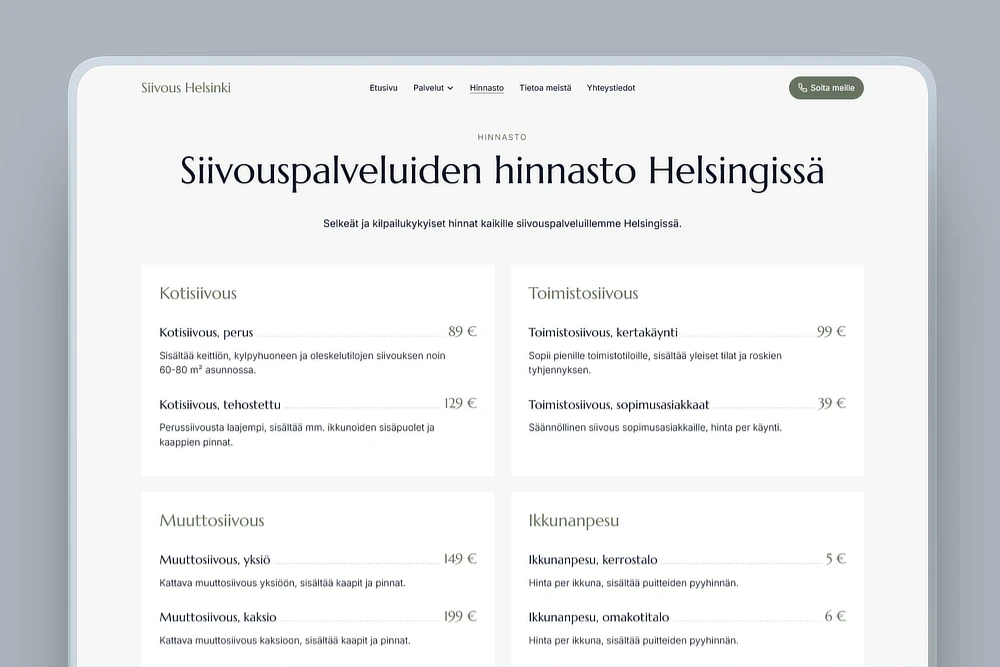 Siivousyrityksen hinnasto kotisivuilla