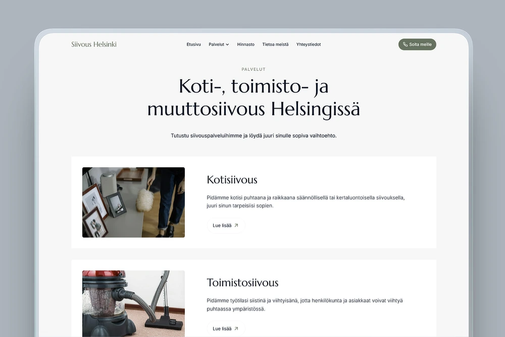 Siivousyrityksen palveluvalikoima kotisivuilla