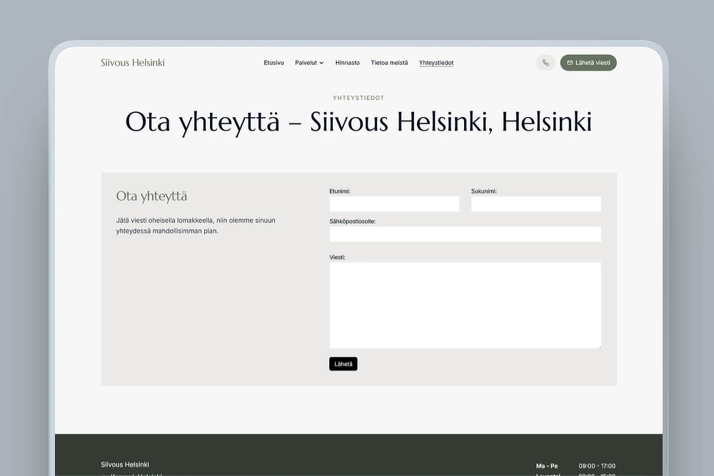 Tarjouspyyntölomake siivousyrityksen kotisivuilla