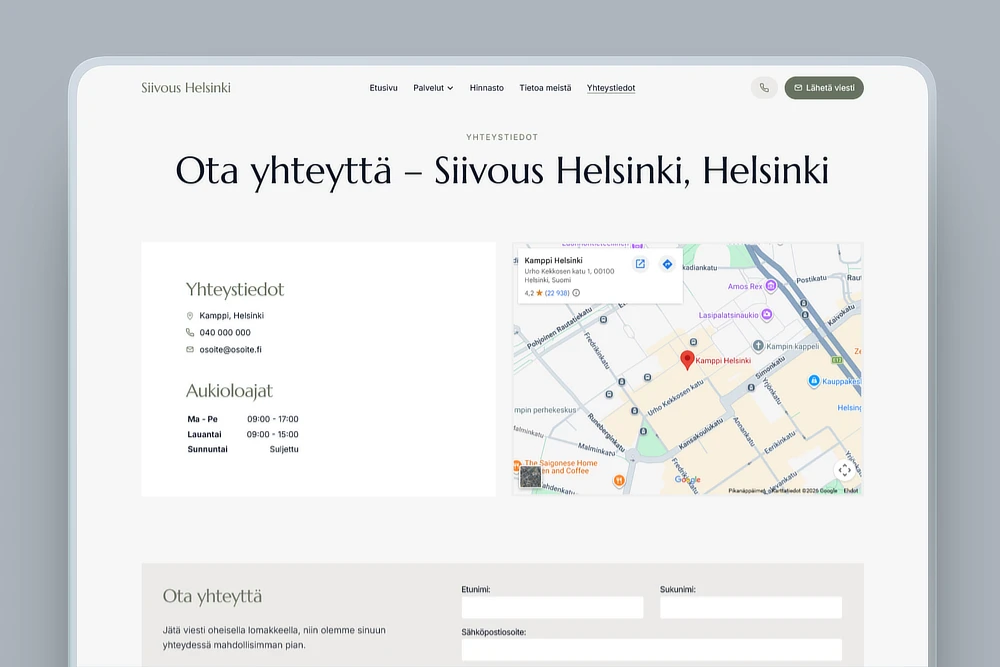 Yhteystiedot ja kartta siivousyrityksen kotisivuilla