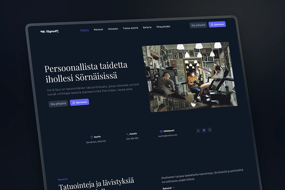 Tatuointistudion kotisivujen etusivu