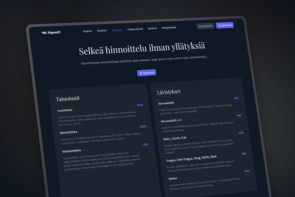 Tatuointihinnasto kotisivuilla