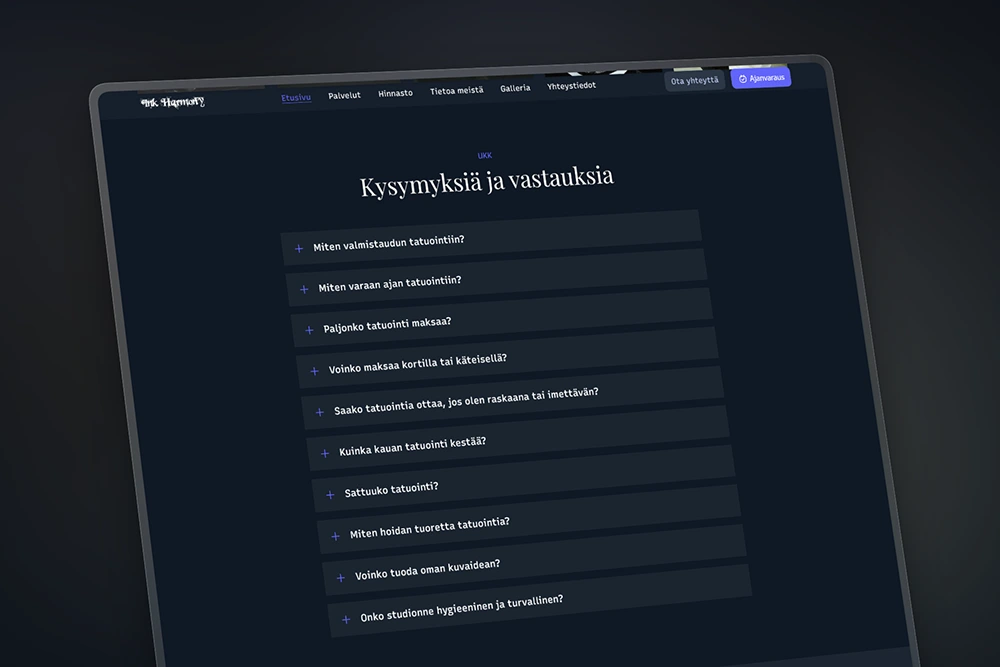 Tatuointistudion kysymykset ja vastaukset kotisivuilla