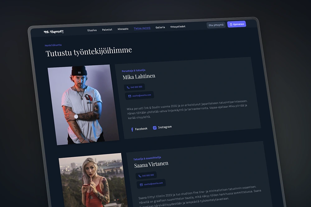 Tatuointiartistien esittely kotisivuilla