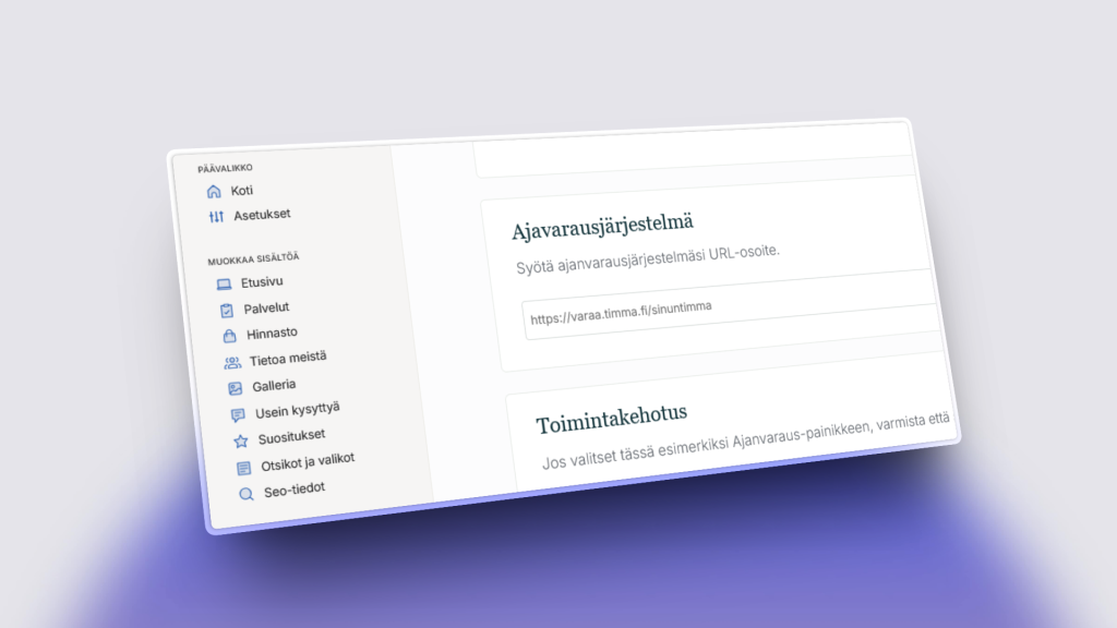 Ajanvarausjärjestelmän asetukset Kotisivubotin hallintapaneelissa, jossa otetaan käyttöön ajanvarauspainike ja lisätään varausjärjestelmän URL-osoite.
