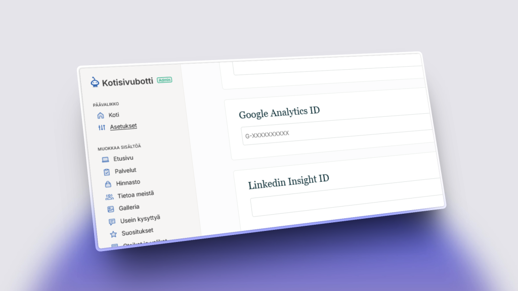 Google Analyticsin koodinpätkä, josta kopioidaan vain G-alkuinen tunniste Kotisivubotin Google Analytics ID -kenttään.