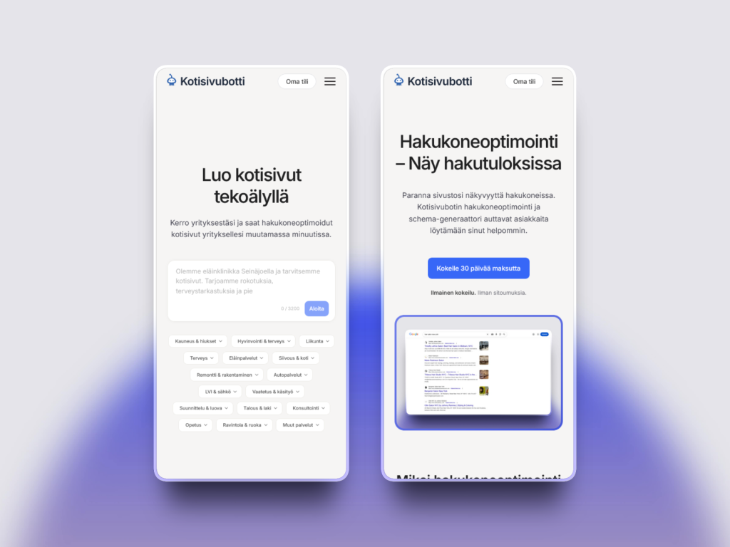 Kuvakaappaus Kotisivubotin etusivusta ja ominaisuussivusta