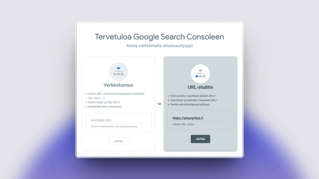 Google Search Consolen aloitusnäkymä, jossa valitaan omaisuustyypiksi URL-etuliite Kotisivubotin vahvistusta varten.